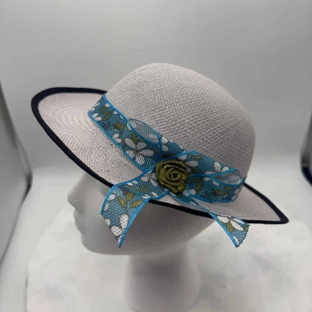 Little Girls Chic Gray and Blue Hat with Polka Dot Ribbon 2-3T